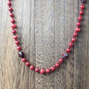 20 Inch Sterling Silver Red Glass Beads And Red Shell Necklace